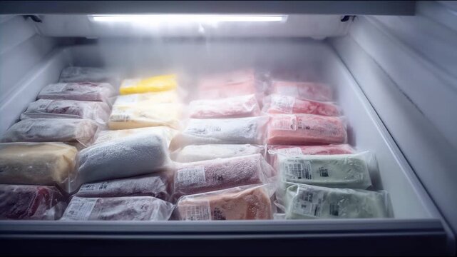 An open freezer is filled with many vacuum-sealed packages of frozen food covered in frost, over which thick cold steam curls