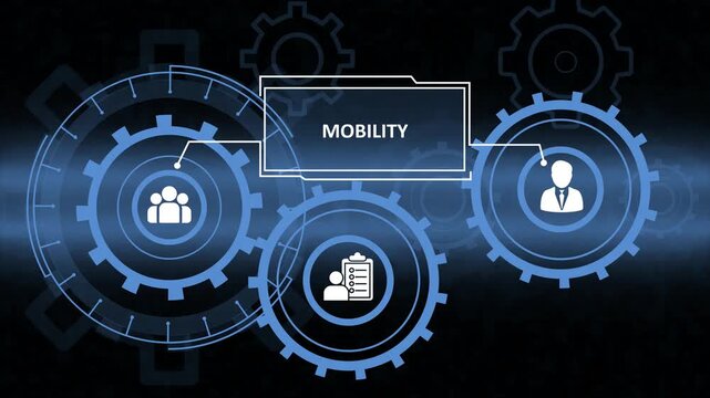 Abstract blue technology interface featuring interlocking gears with icons of people, teams, and checklists connected by a Mobility label, representing corporate workforce management & digital process