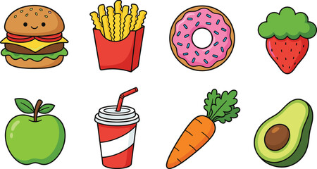Illustration set of fast food and healthy food icons including burger, fries, donut, fruits, vegetables, and drink in cute cartoon style © MSTALIFNUR