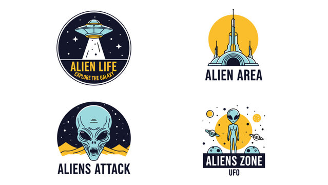 Creative set of extraterrestrial themed badges featuring aliens, flying saucers, and secret bases in a space setting.