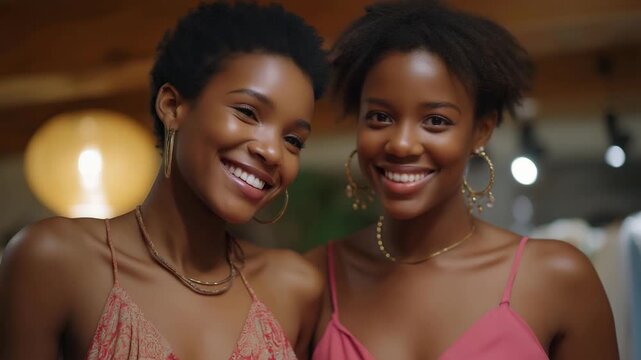 Adult twin sisters trying on similar outfits in a boutique mirror, laughing as they compare styles &mdash; fashion, identity, and the joy of sibling bonding. cinematic color correction, natural uneven