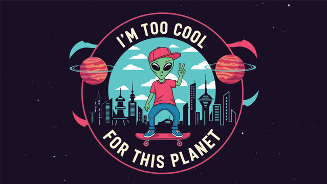 Cool green alien character riding a skateboard in front of a futuristic city skyline with planets and stars in outer space.