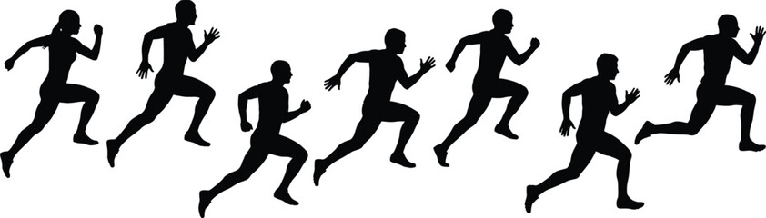 Silhouette sequence of athletes running in progressive sprint motion showing dynamic sports action, speed, and athletic movement in black graphic design © MSTALIFNUR