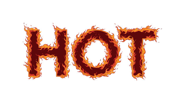 Word hot written in large bold letters completely engulfed in realistic burning orange and red fire flames on a white background. - Powered by Adobe