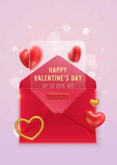Glass morphism Background with 3D heart icon, Valentine Day Realistic elements for romantic design.