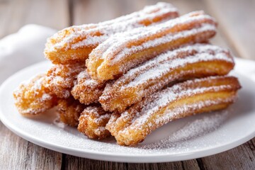 Freshly made churros dusted with powdered sugar, beautifully arranged on a white plate, showcasing a delightful dessert presentation for cozy gatherings and celebrations