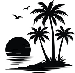 Naklejka premium Tropical Beach Sunrise Silhouette - Palm Tree on Shore with Birds - Ocean Dawn Landscape - Tropical Dawn Silhouette - Seaside Sunrise with Flying Birds