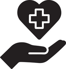 Obraz premium Healthcare icon of a hand offering a heart with a medical cross symbol, representing care, cardiology, wellness support, and medical insurance. Minimalist black vector illustration.