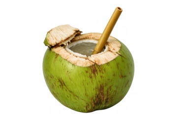 Young green coconut with straw, refreshing tropical drink for healthy lifestyle and natural hydration, on transparent background