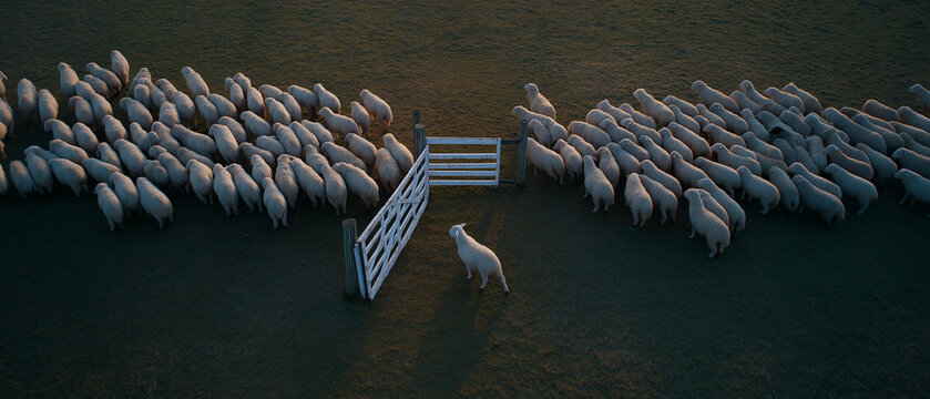 AI generator images of flock of sheep walking through a gate in a pasture; the sheep are being herded through a wooden gate, with one sheep standing in the middle between the gates, symbolizing differ