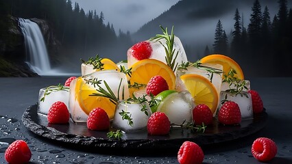 Refreshing fruit and herb ice cubes with raspberries and orange slices on dark stone platter against waterfall background