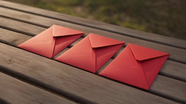 Three red envelopes arranged on a weathered wooden table in an outdoor setting