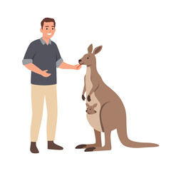 Man Feeding Kangaroo with Baby in Pouch. Flat vector illustration isolated on white background © lioputra