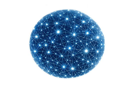 Blue digital sphere representing global network connectivity, data transfer, and communication technology on transparent background - Powered by Adobe