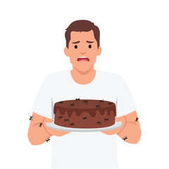Worried man holding a chocolate cake covered with ants, symbolizing food contamination. Flat vector illustration isolated on white background