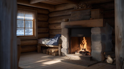 Fototapeta premium Traditional wooden cabin in winter featuring a fireplace, soft shadows and warmth creating a timeless sense of comfort and escape. cinematic color correction, natural uneven lighting yet gentle