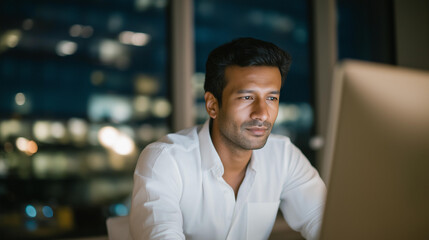 A focused South Asian male coder working late at night in his home office, surrounded by neatly arranged cables, exhibiting concentration and passion for technology, low light with a desk lamp,