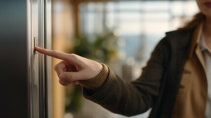 Elevator interior scene showing a hand pressing a control button, enclosed space and calm atmosphere highlighting routine movement and functional architecture. cinematic color correction, natural