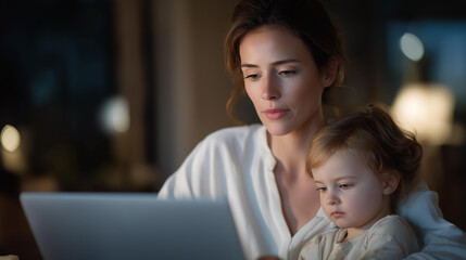 Obraz premium Busy mother in motion during everyday tasks, multitasking effortlessly, expressing productivity, caregiving, pressure, and the dynamic rhythm of family life. cinematic color correction, natural