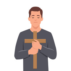 Calm man holding a wooden cross with closed eyes, symbolizing prayer, faith. Flat vector illustration isolated on white background