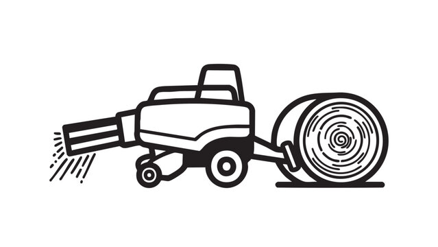 Industrial hay baler machine in action at a rural farm landscape viewpoint