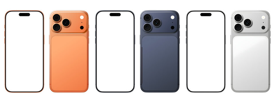 Front and Back View iPhone 17 Pro Smartphone Mockup in Orange, Deep Blue and Silver Colors isolated on transparent background
