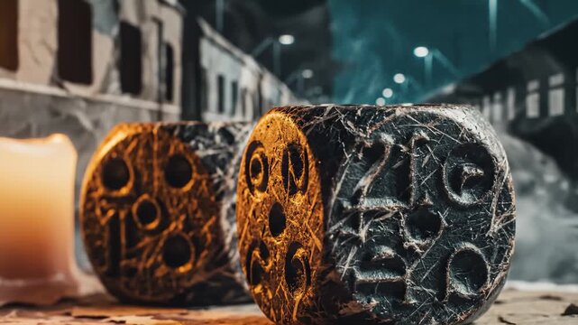 Mysterious Dice Near Candle on Table in Abandoned Trainyard