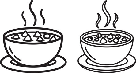 Vector line art illustration of hot steaming soup bowl with vegetables for healthy food concept