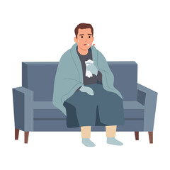 Sick man sitting on a sofa with a blanket, holding tissue and thermometer, representing flu. Flat vector illustration isolated on white background