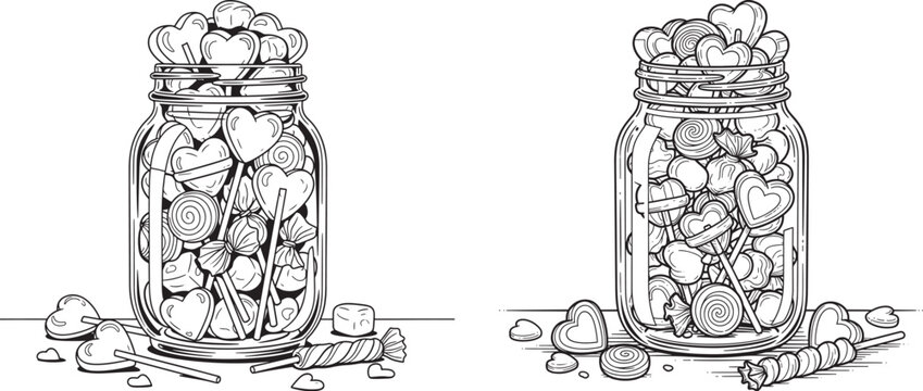 Mason jar filled with heart shaped lollipops and candies line art for Valentine's Day coloring page