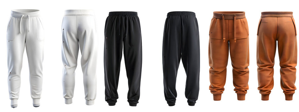 Sweatpants Mockup Front and Back View in White, Dark Gray and Orange Isolated on Transparent Background