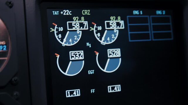 Cockpit avionics panel with flight instruments during flight