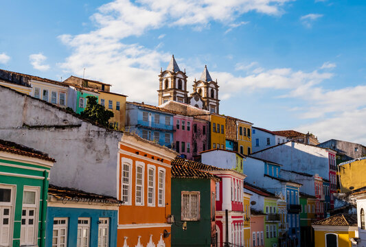 Impressive view of Pelourinho with colorful colonial buildings and cobblestone streets, Salvador, Bahia, Brazil