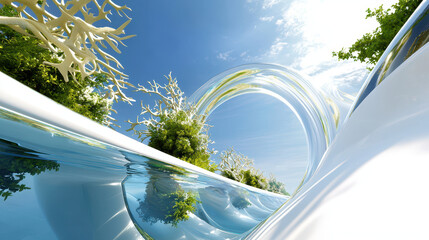 Stunning architectural visualization featuring futuristic landscape with clear water, abstract shapes, and lush greenery, evoking tranquility
