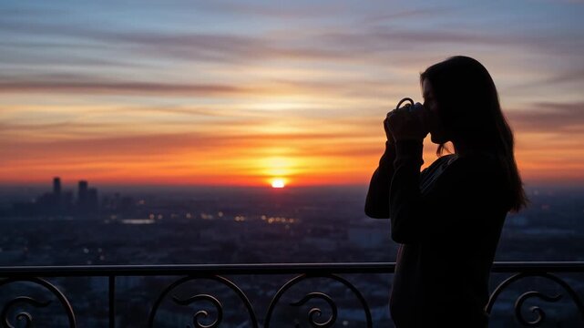 Woman enjoys first sip of coffee on balcony at sunrise, silhouette against colorful city skyline creating peaceful morning beverage moment