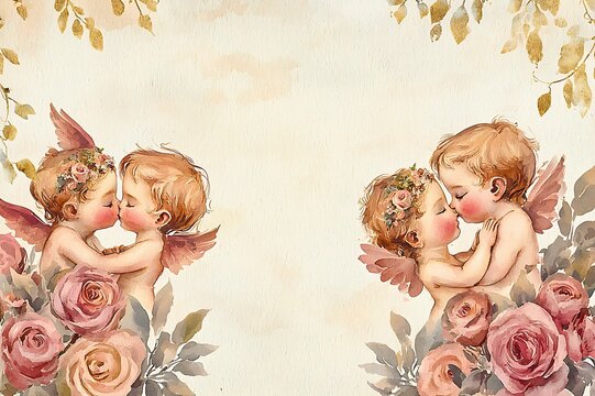 Two pairs of adorable angels kissing among flowers. The scene evokes a sense of love, romance and sweet moment. The use of soft colors and delicate textures, creates a dreamy and heavenly atmosphere