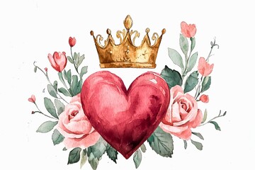 A heart adorned with a golden crown, surrounded by delicate roses and lush leaves, evoking a sense of romance and royalty