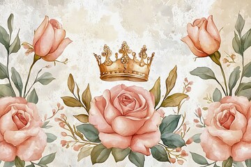 A golden crown surrounded by beautiful roses, conveying elegance and luxury