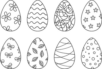 Vector set of Easter eggs with black outline. Hand drawn doodle coloring book page elements isolated on white background.