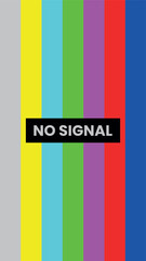 Vertical no signal television screen with classic color bars and warning message, retro broadcast test pattern illustration showing signal loss, media interruption and technical failure