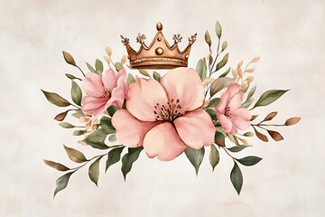 An illustration of a crown above blooming flowers. The crown symbolizes royalty and the flowers symbolize beauty, life and femininity