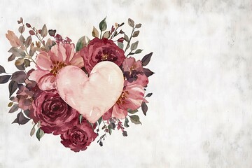 A romantic floral arrangement shaped like a heart, symbolizing love and affection. The design is artfully arranged with various flowers and leaves, perfect for expressing feelings of love