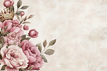 Elegant watercolor painting featuring pink roses and a golden crown. The arrangement is delicately crafted, with the flowers blooming and the crown adding a touch of royalty