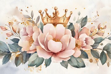 A beautiful floral design featuring a golden crown and delicate pastel flowers