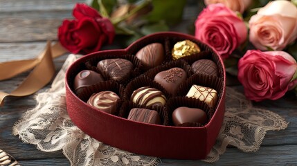 A heart-shaped box of assorted chocolates surrounded by roses on a wooden table