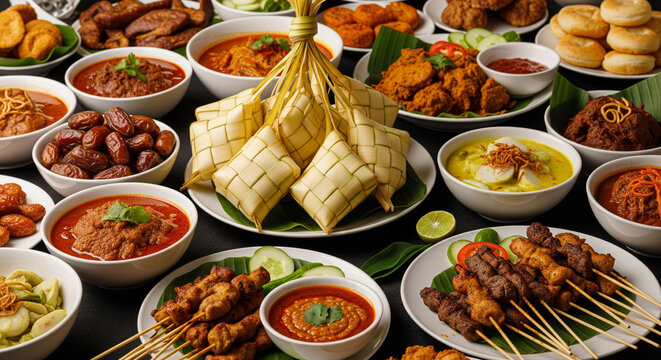 Hari Raya food, Ketupat or Malay rice dumpling, satay and dates