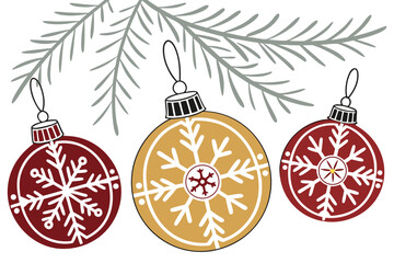 Christmas balls printed and pattern clipart set. Green and red xmas ball decoration elements clip art with spiral, curve, snowflakes and star graphic design collection for holiday season vector