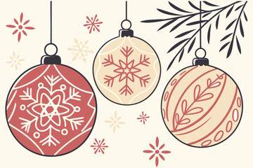 Christmas balls printed and pattern clipart set. Green and red xmas ball decoration elements clip art with spiral, curve, snowflakes and star graphic design collection for holiday season vector