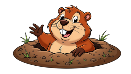 Friendly Cartoon Groundhog Character Waving from a Dirt Burrow Hole Illustration