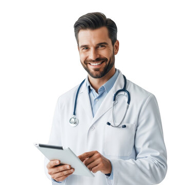Smiling doctor holding tablet isolated on transparent background